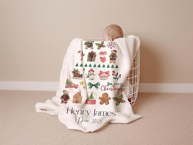 Personalized Baby's First Christmas Blanket, Custom Minimalist Elegant Baby Name Christmas Blanket, Soft Fleece Or Sherpa Throw, Baby Shower, Made in USA