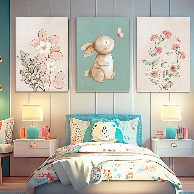 Dytila Framed Nursery Wall Art Set of 3, Pink Flower Botanical Pictures Wall Decor, Green Bunny Paintings, Cute Animal Canvas Prints for Girls and Boys Kids Room, Baby Room Decor 16x24 Inches