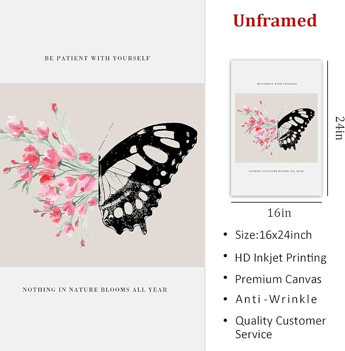 Be Patient with Yourself Art Positive Affirmation Artwork Mental Health Posters Butterfly Flower Painting Pink Watercolor Flower Prints Black Butterfly Pictures for Living Room Bedroom 16x24in