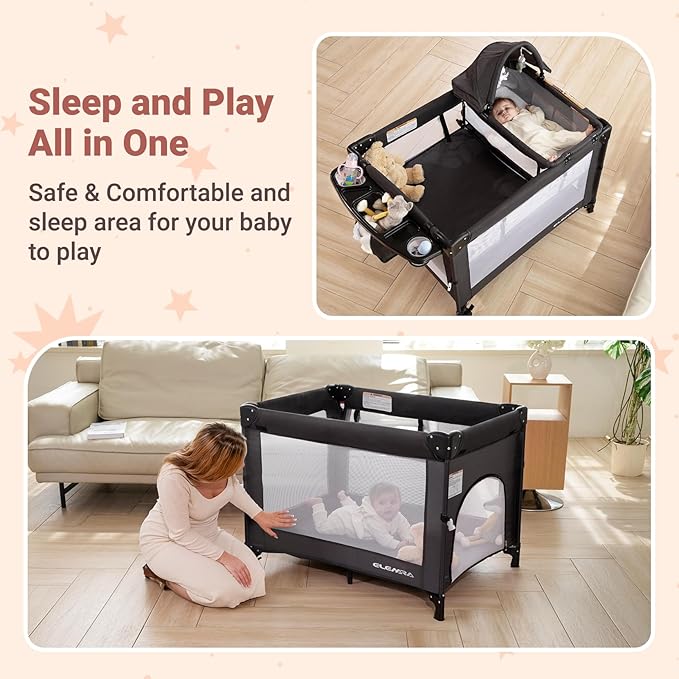 ELEMARA 5 in 1 Pack and Play, Adjustable Baby Bedside Bassinet Sleeper,1-Second Setup Foldable Playard from Newborn to Toddles,Bedside Crib with Changing Table,Portable Travel Bassinet,Ziper Door,Gray
