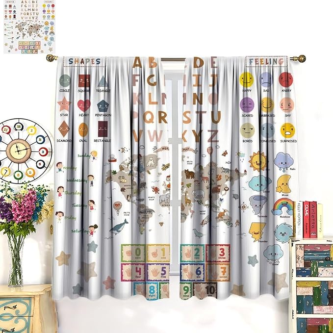 Kids Educational Curtain,Pastel ABC Alphabet Continents Map Numbers Shapes Weather Learning Tools Boy Girl Nursery Rod Pocket Blackout Window Treatments for Bedroom Living Room 42" W X 63" L