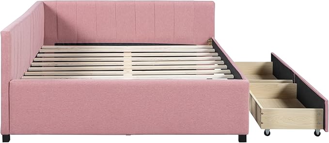 Harper & Bright Designs Full Size Upholstered Daybed with 2 Storage Drawers Sofa Bed Frame for Boys Girls Kids Adults Toddler No Box Spring Needed, Linen Fabric (Pink)