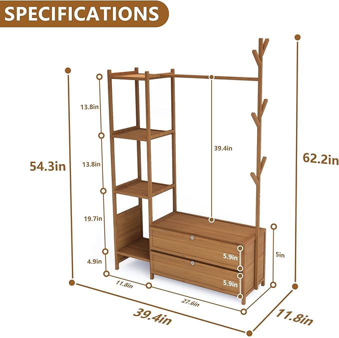 Upgraded Hanging Rack Clothing Rack with Drawers,39.37inch Solid Thickened Clothes Racks with Shelves,27.6inch Width Closet with Drawers,Clothes Racks for Hanging Clothes,Short Closet Dresser