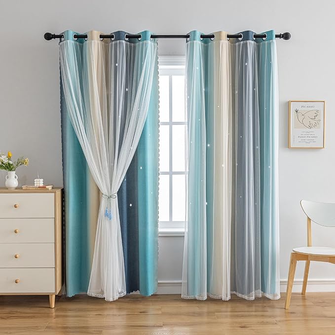 Star Girl and Kids Curtains for Bedroom Rainbow Ombre Double Layer Cute Shot Nursery Darkening Grommet Princess Room Décor 2 Panels Living Room Window Curtain (Blue Yellow52W x 84L