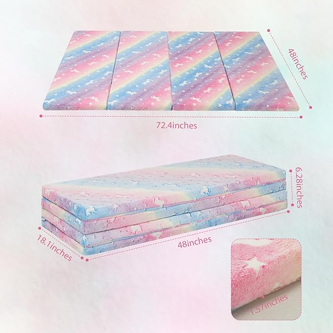 MeMoreCool Kids Floor Futon Mattress, Play Mat Muscle Mat Large 6x4 FT, Thicken Foam Tatami Mattress for Children Play Area, Foldable Sleeping Crawling Pad for Playroom, Rainbow Unicorn