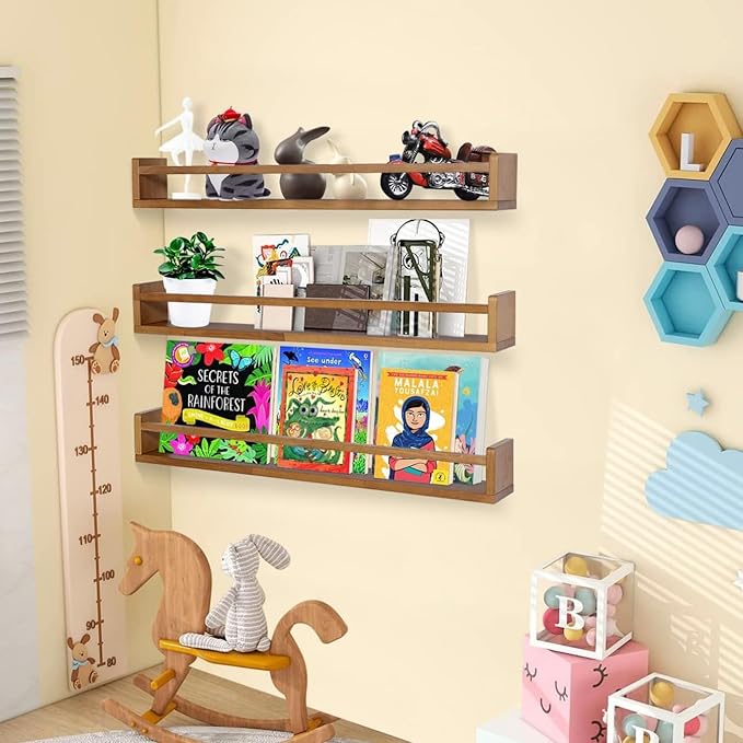 AZSKY Light Walnut Nursery Book Shelves, 36 Inch Floating Wall Mounted Bookshelf, Kids Room Hanging Shelves, Children Toddlers Toys Books Storage Organizer a Set of 3