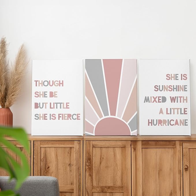 PHAMTE Nursery Boho Girls Bedroom Wall Art Decor Set of 3, She is Sunshine Mixed with a Little Hurricane Sunshine Sun Print Framed Canvas Painting Artwork for Room Bedroom Home Playroom 16x24in