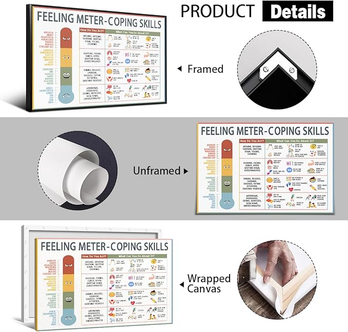 Set of 2 Feeling Chart Poster Canvas, Emotions Coping Skills Wall Art for Kids, Calm Down Corner Mental Health Art Print, School Counselor Psychologist Feeling Chart 24x36in Framed