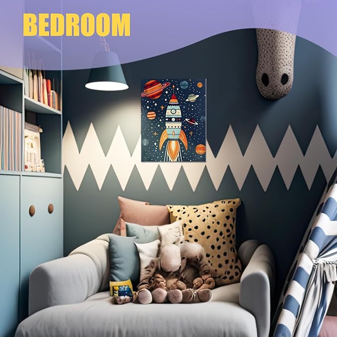 URLLUAE Rocket Ship Space Wall Art Posters for Kids Room, Colorful Outer Space Planet Canvas Poster Prints for Boys Bedroom Classroom Nursery Playroom Wall Decor, 11x14 Inch