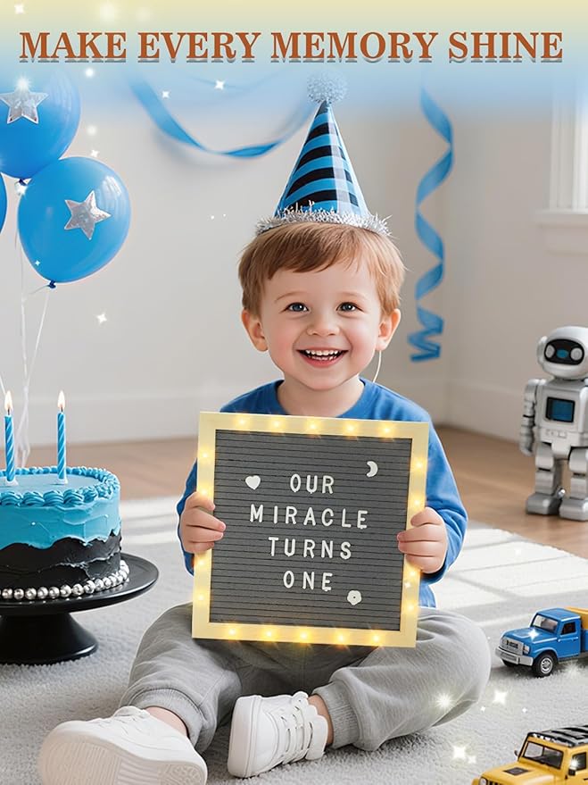 Changeable Felt Letter Board with LED Lights - 10×10" Message Custom Signs & Wood Stand & 450 Letters, Poster Board for Christmas/Pregnancy/Baby Announcement/Classroom Wall Decor Gifts, Grey