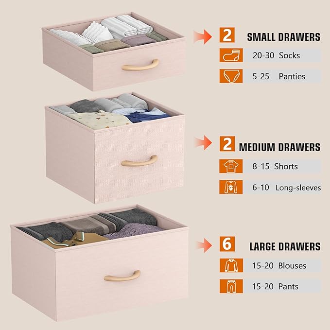 10 Drawer Dresser, Chest of Drawers for Bedroom, Fabric Dresser Drawers with Side Pockets, Hooks, Wooden Top and Sturdy Metal Frame for Living Room, Closet, Hallway (Pink)