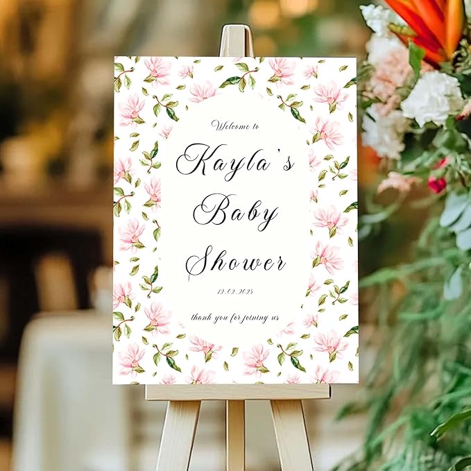 Personalized Pink Magnolia Baby Shower Welcome Sign - Elegant Floral Announcement Sign - Girl Baby Shower Entrance Decor