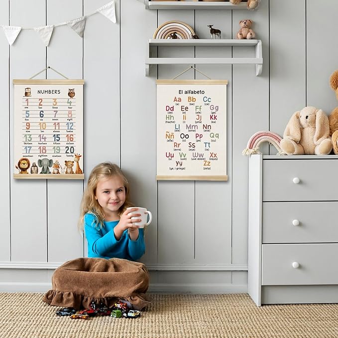 1–20 Number Chart and Alphabet Poster Set of 2,Education Linen Canvas Wall Art – 1-20 Educational Homeschool,Preschool Poster for Kids’ Room, Nursery, or Playroom Wall Decor,14x18.5 Inches (ABC&123)
