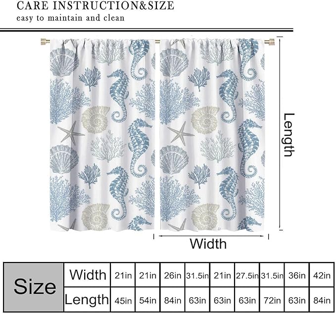 Seahorse Coral Curtains,Starfish Seashell Beach Sea Starfish Seashell Theme Pattern Blackout Print Home Bedroom Living Room Window Treatmen 2 Panel Set 55x63 Inch