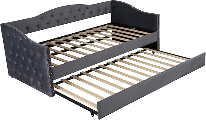 Bellemave Twin Upholstered daybed with Trundle and USB Charging, Velvet Tufted Sofa Bed Twin Size, daybed with Trundle for Adults, Kids, Girls, Teens, for Living Room, Grey