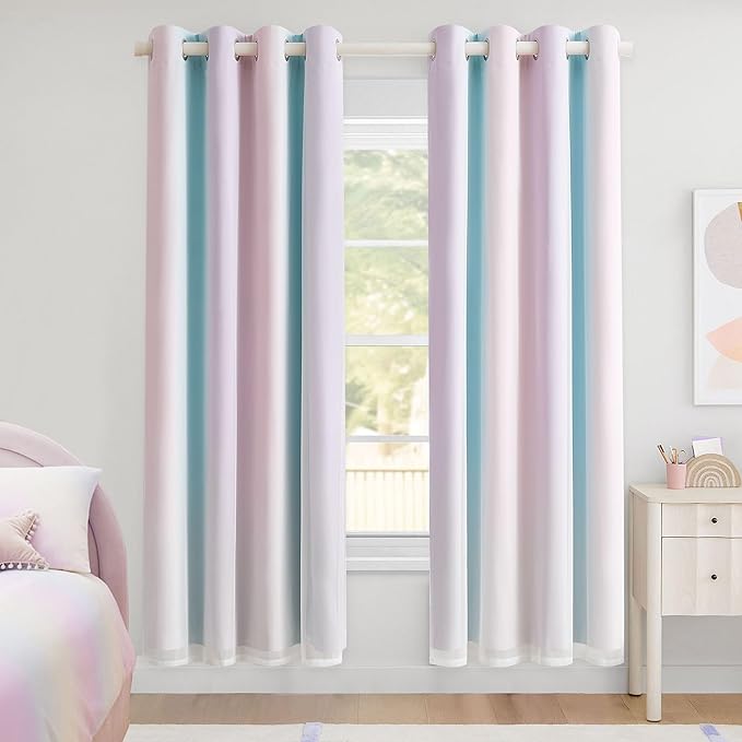 100% Blackout Curtains with Sheer Overlay Mix and Match Double Layer Drapes 72 Inch Length 2 Panels for Room Bedroom Room Ombre Rainbow Grommet Window Treatment with Tiebacks