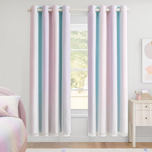 100% Blackout Curtains with Sheer Overlay Mix and Match Double Layer Drapes 72 Inch Length 2 Panels for Room Bedroom Room Ombre Rainbow Grommet Window Treatment with Tiebacks