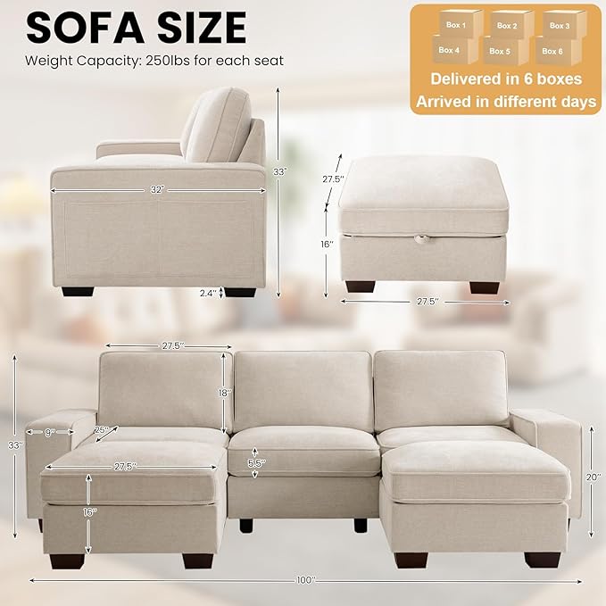 TEKAMON 100" Modular Sectional Sofa with Seats Storage, U Shaped Couch with Movable Ottomans, Chenille Fabric Couch for Living Room, USB Port, Removable Cover(Beige, 3 Seater & 2 Ottomans- U Shape)