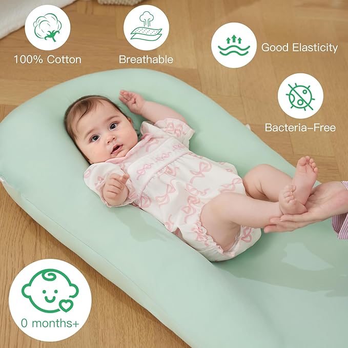 Lucakuins Baby Lounger, Bionic Design Baby Lounger for Newborn 0-24 Months, Soft Organic Cotton Breathable Lounger for Infants (Green Newborn Lounger)