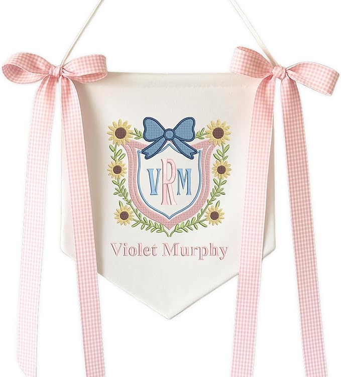 Embroidered Baby Name Sign with Bows Personalized Baby Announcement Sign Newborn Baby Banner Baby Hospital Name Sign Canvas Hanging Pennant Flag Custom Infant Baby Name Baby Shower Banner (14)