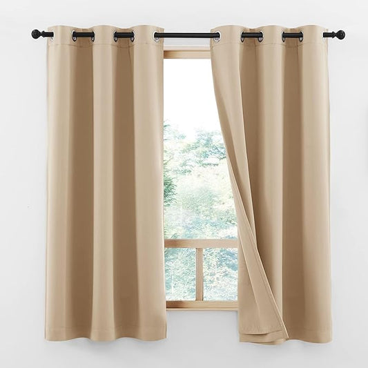 NICETOWN Bedroom Full Blackout Curtain Panels, Super Thick Insulated Window Covers, Complete Blackout Draperies with Liner for Short Window(Warm Beige, Set of 2 PCs, 52 by 63-inch)