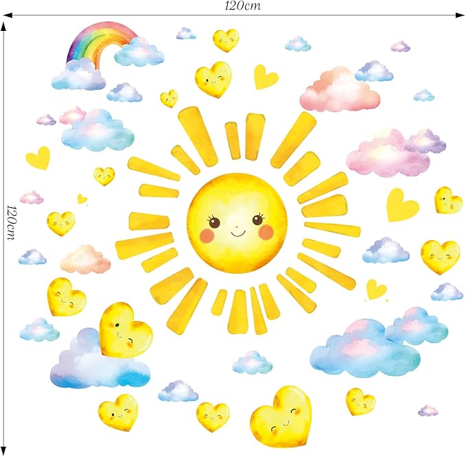 SHUCHING Large Sun Wall Sticker Peel and Stick, Vinyl Cloud Heart Wall Decal, Wall Decor Art for Kids Bedroom Nursery Playroom