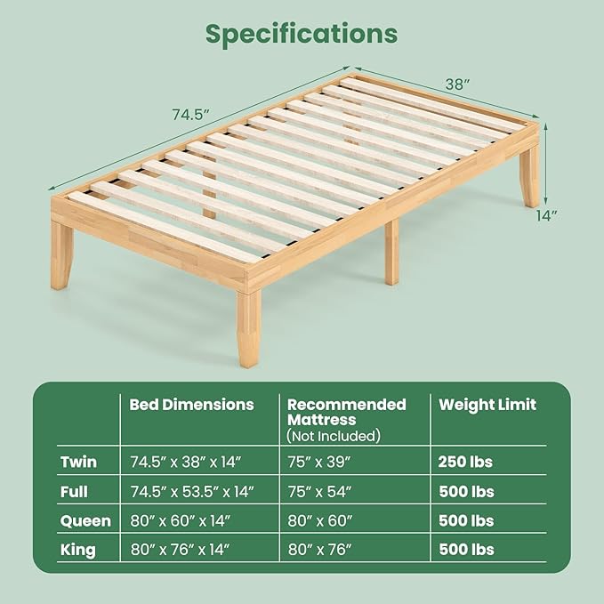 KOMFOTT 14 Inches Wood Platform Bed Frame Twin Size, Wooden Mattress Foundation with Rubber Wood Frame, Strong Slat Support, No Box Spring Needed, Bed Frame (Natural)