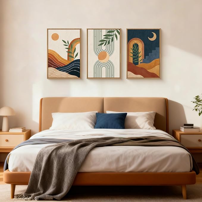 FWIEXA Vintage Boho Nature Framed Canvas Wall Art Set of 3, Minimalist Geometric Sun Moon Line Wall Prints, Abstract Green Leaf Painting,16x24In Modern Beige Navy Blue Artwork for Living Room,Bedroom