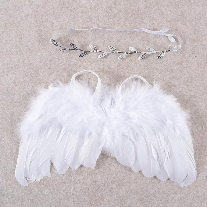 Qiansail Newborn Baby Fairy Angel Wings Princess Feather Wing Costume with White Headband Photography Props Shoot Outfits for Birthday (White)