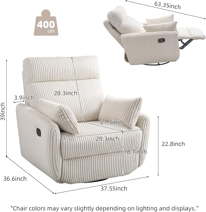 Swivel Recliner Chair for Adults, Corduroy Nursery Glider Rocking Chair, Armchair with 2 Pillows, Comfy High Back Reclining for Small Spaces, Nursery Bedroom Living Room (Corduroy Beige, 1 Pack)
