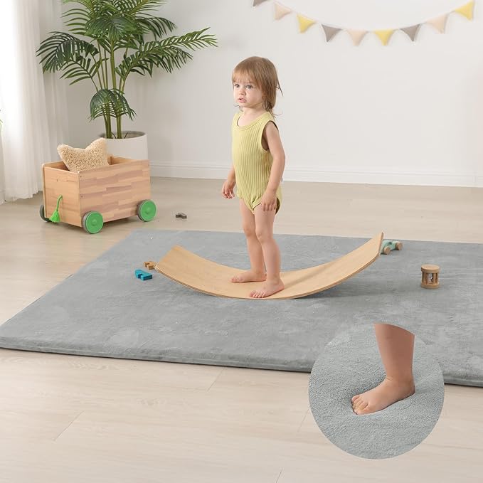 Baby Play Mat for Floor,Extra Large 59"×71" Tummy Time Mat,Thicker Memory Foam Mats for Toddler,Infant,Kid,Water Repellent Ultra Soft Coral Velvet,Non-Slip Backing Safe for Crawling(Light Grey)