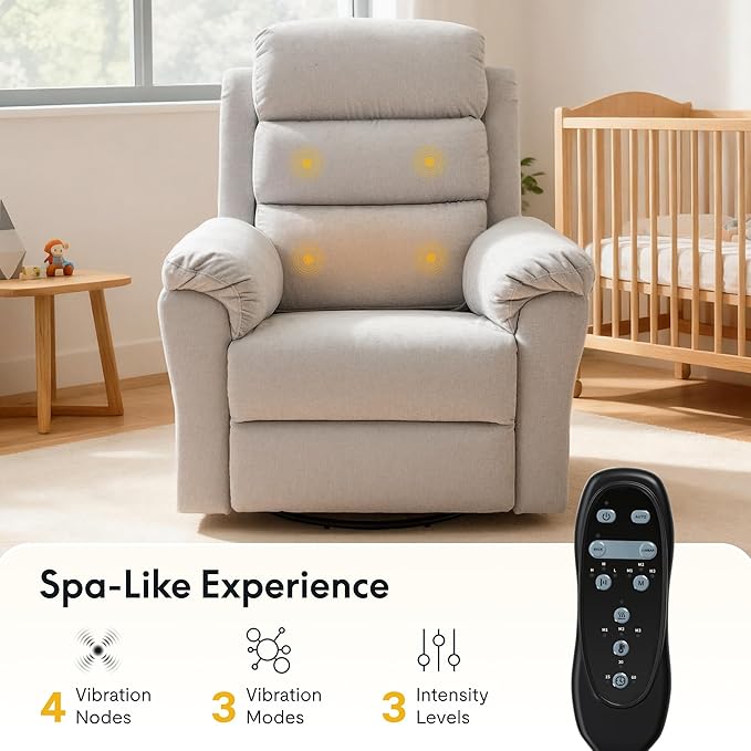 FLEXISPOT XRC6-Pro Nursery Power Glider Recliner w/Adjustable Headrest, 270° Swivel Rocker Recliner for Nursery w/Massage & Heat, Water & Stain Resistant Ribbed Chenille, FSC Certified, Light Grey