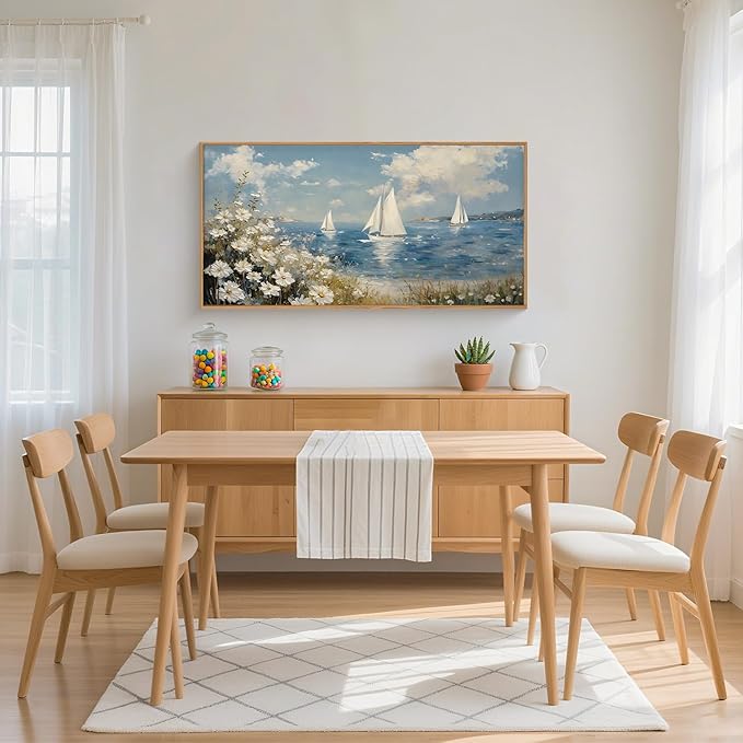 FWIEXA Coastal Wildflower Canvas Wall Art Framed, Ocean Sailboats Pictures Wall Decor, Beach Flower Seascape Painting, Blue Sky 20x40In Artwork for Living Room, Bedroom, Bathroom, Rustic Farmhouse