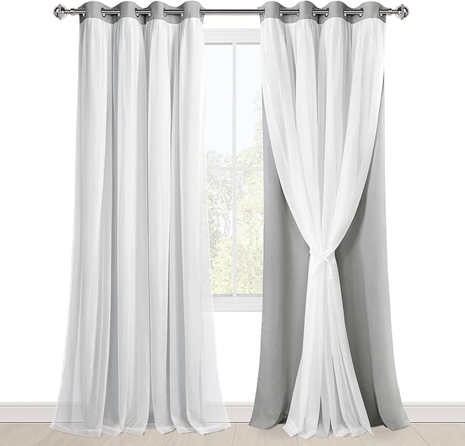 Hiasan Blackout Curtains with White Sheer Overlay, Mix & Match Double Layer Thermal Insulated Room Darkening Curtains for Bedroom, Living Room, 2 Window Panels with Tiebacks, Silver Grey, 52W X 96L
