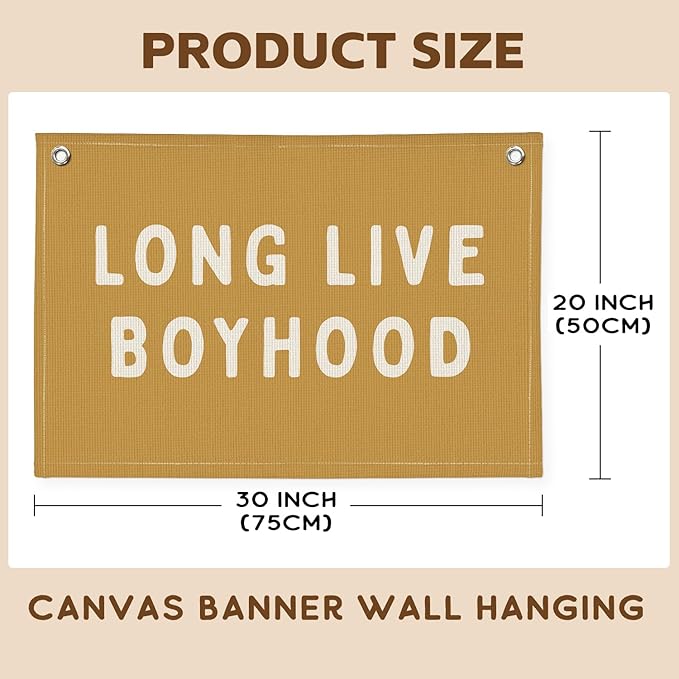Long Live Boyhood Banner, Boy Nursery Decor, Canvas Banner Wall Hanging Banner Flag Decor for Nursery Playroom Toddler Room, Boys Kids Room Decor (Yellow)