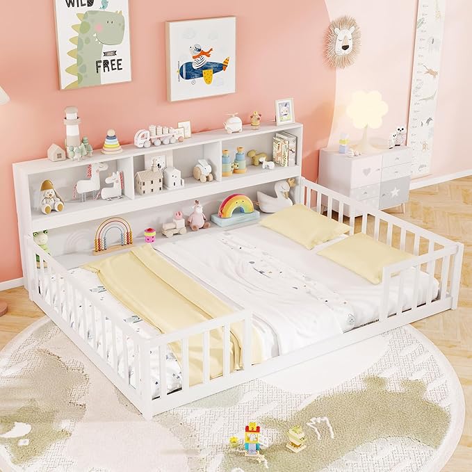 KOMFOTT Full Floor Bed with Bookcase & Shelves, Wood Bed Frame with Bedside Bookshelves & Guardrails, Versatile 2-in-1 Montessori Floor Bed for Kids (White)