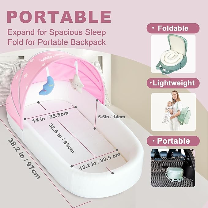 Portable Newborn Nest Lounger-Travel Bassinet,with Canopy & Mosquito Net-Lightweight Foldable Lounger Cotton Cover & Supportive Mattress Washable and Indoor-Outdoor Use (Pink)