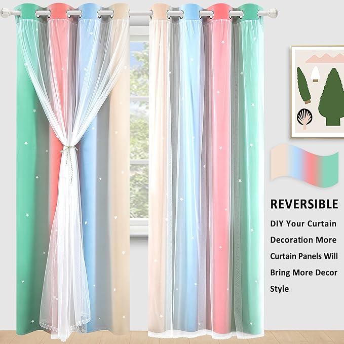 Kinryb Nursery/Kids/Girls Room Star Cut Out Blackout Rainbow Curtain with Sheer Overlay 2 Panels, Each 52 inch Wide,95 inch Length with White Gauze,Ombre Stripe Rainbow Curtains (2 Panels,52x95 Inch)