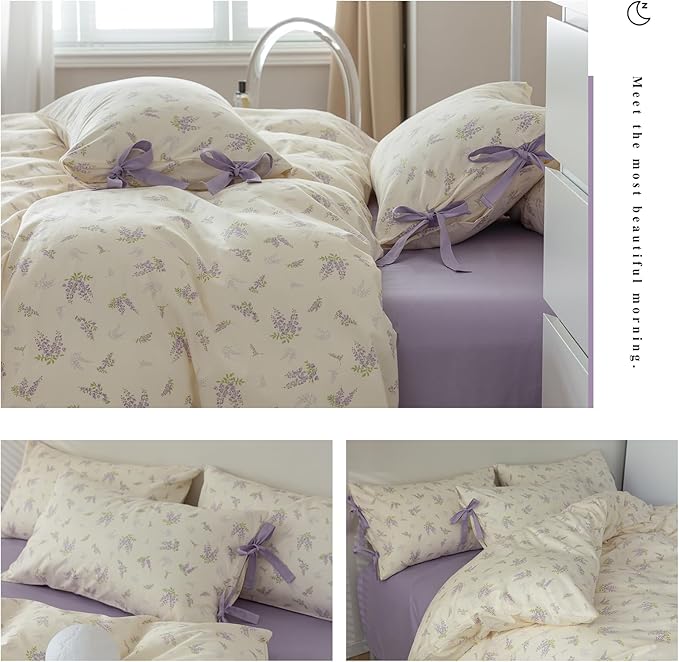 HighBuy Botanical Floral Duvet Cover Full Boho Duvet Cover Set Soft Cotton Coquette Bedding White Duvet Cover Set Floral Duvet Cover,Soft Cotton Full Bedding Set with 2 Bowknot Bow Tie Pillowcases