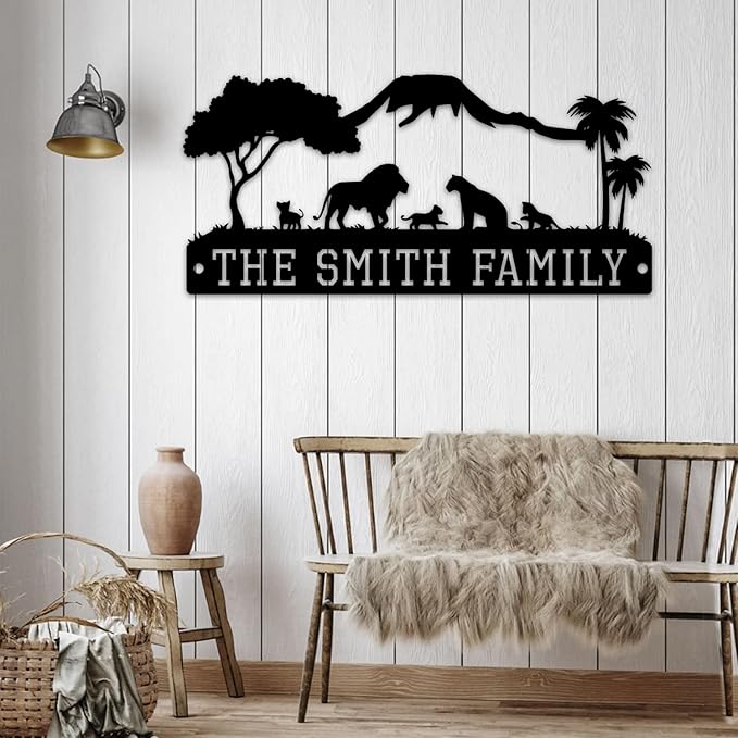 Lions Wall Art, Personalized Family Name Sign, Custom Signs Outdoor Metal, Lion Decor, Porch Decor, Personalized Birthday Gifts for Men Who Love Wildlife/Nature