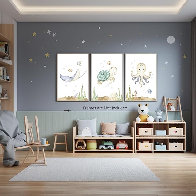 Wodkwq Ocean Nursery Decor,Nursery Wall Decor,Kids Bathroom Decor,Under The Sea,Boys Room Sea Animal Wall Art Picture Canvas Prints Set of 3,Bedroom 16x24 Inch Framed