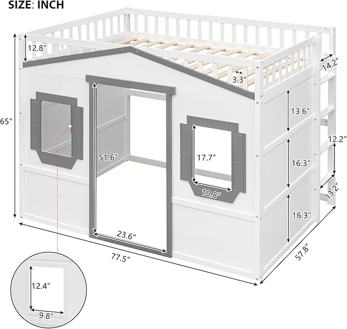 Full Size Loft Bed with Safety Guardrail for Kids Boys Girls, Playhouse Design Solid Wood Loft Bed Frame with Ladder and Windows, Strong Wood Slats Support, Space-Saving (White+Gray)