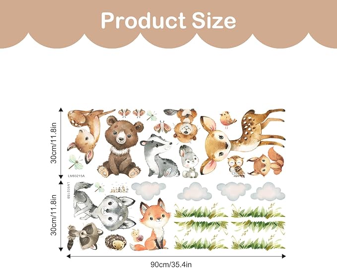 Tanlaby Jungle Animals Wall Stickers Forest Animal Wall Decals Cute Fox Bear Giraffe Self-Adhesive Mural Removable Wall Art Sticker for Baby Nursery Kids Bedroom Playroom Daycare Classroom Decor