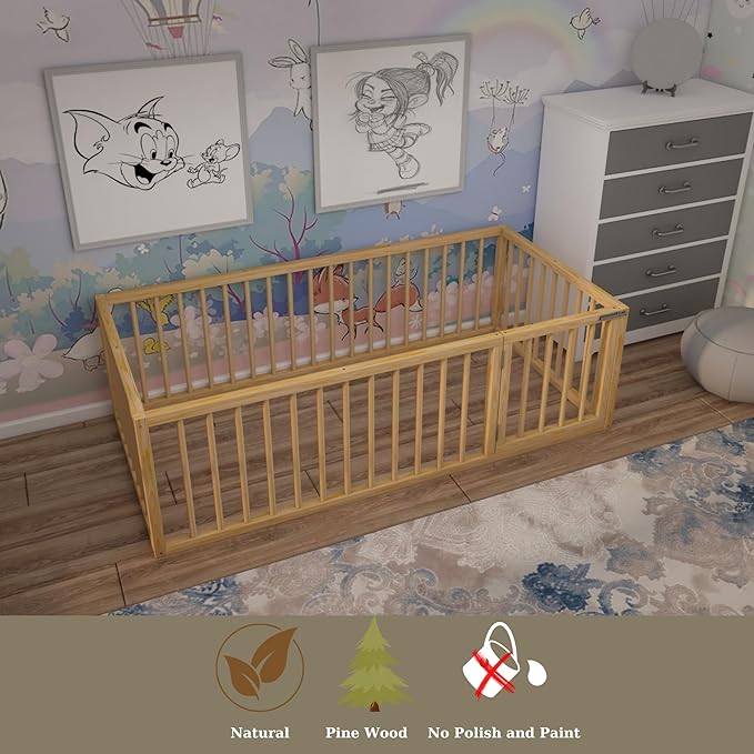 Montessori Floor Bed with Door On The Right Side for Toddler | Pine Wood Natural Solid Frame Beds | Sturdy Modern Design Floor Bed Frame for Boy and Girls (Queen, Height: 23.6 Inches)