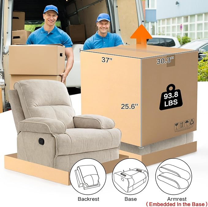 Manual Rocker Recliner Chair for Adults, High Back Glider with Deep Seat, Upholstered Fabric Armchair for Living Room & Nursery, Beige