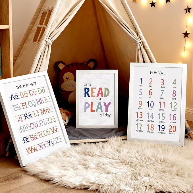 Cute Alphabet Numbers Framed Wall Art Set of 3, Boho Educational ABC Poster Wooden Sign for Baby Girl Kid Boy Toddlers, Neutral Preschool English Letters Nursery Decor for Homeschool Playroom Daycare