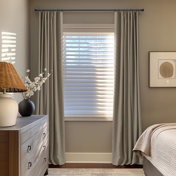 INOVADAY 100% Blackout Curtains for Bedroom, Black Out Curtains 84 Inch Long, Clip Rings Linen Blackout Drapes, Thermal Insulated Room Darkening for Living Room, 2 Panels - Fauxlinen,W50xL63