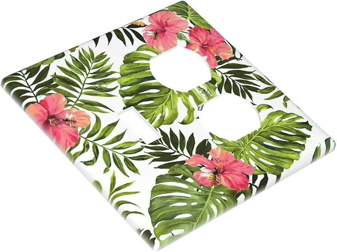 Outlet Covers Tropical Plant Green Palm 2 Gang Combination 1 Toggle/1 Duplex Light Switch Cover Decorative Gfci Wall Plate Electrical Receptacle Switchplate Faceplate for Bathroom Decor
