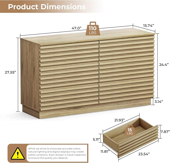 EAG 6 Drawer Dresser for Bedroom, 47" Fluted Storage Cabinet with Drawers, Handleless Design, Modern Wide Dresser TV Stand for Bedroom, Living Room, Hallway, Natural Oak