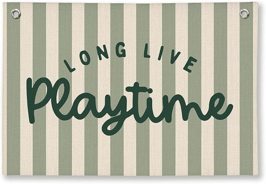 Playroom Decor, Long Live Playtime Wall Hanging Linen Banner, Blue Striped Wall Flag for Kids Room Nursery Playroom Decor, 20x30 Inch-Green